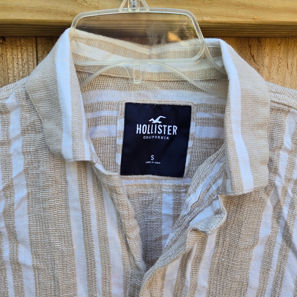 Hollister Mens Tan White Striped Short Sleeve Cotton Linen Button Up Shirt S
